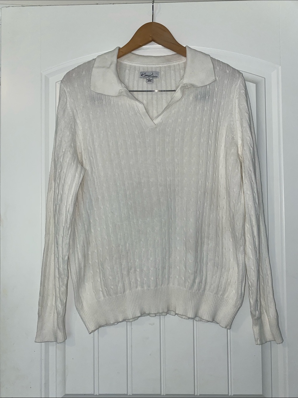 Kim Rogers White Cable Knit V-Neck Sweater with Fold-Over Collar size XL